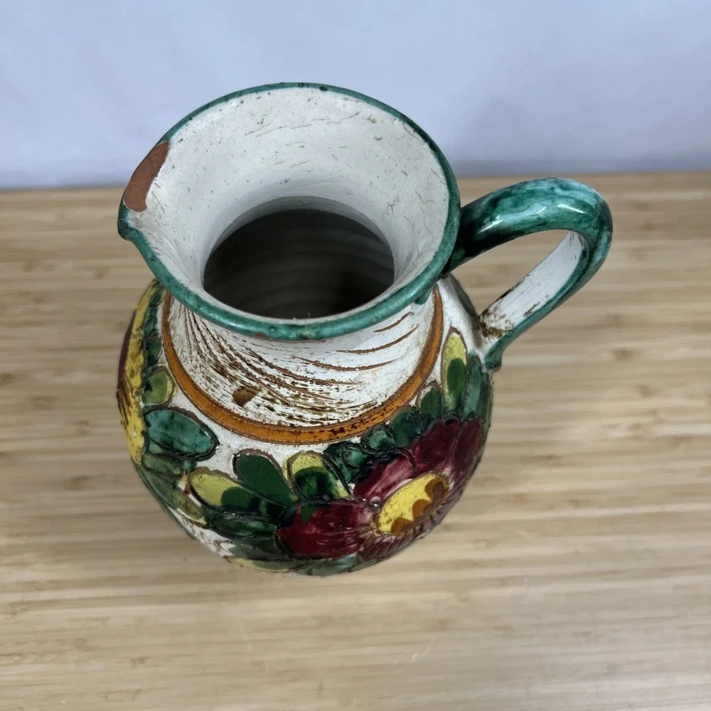 Vintage Italian Majolica Pottery Pitcher Floral Relief Vase Made In Italy VR/366